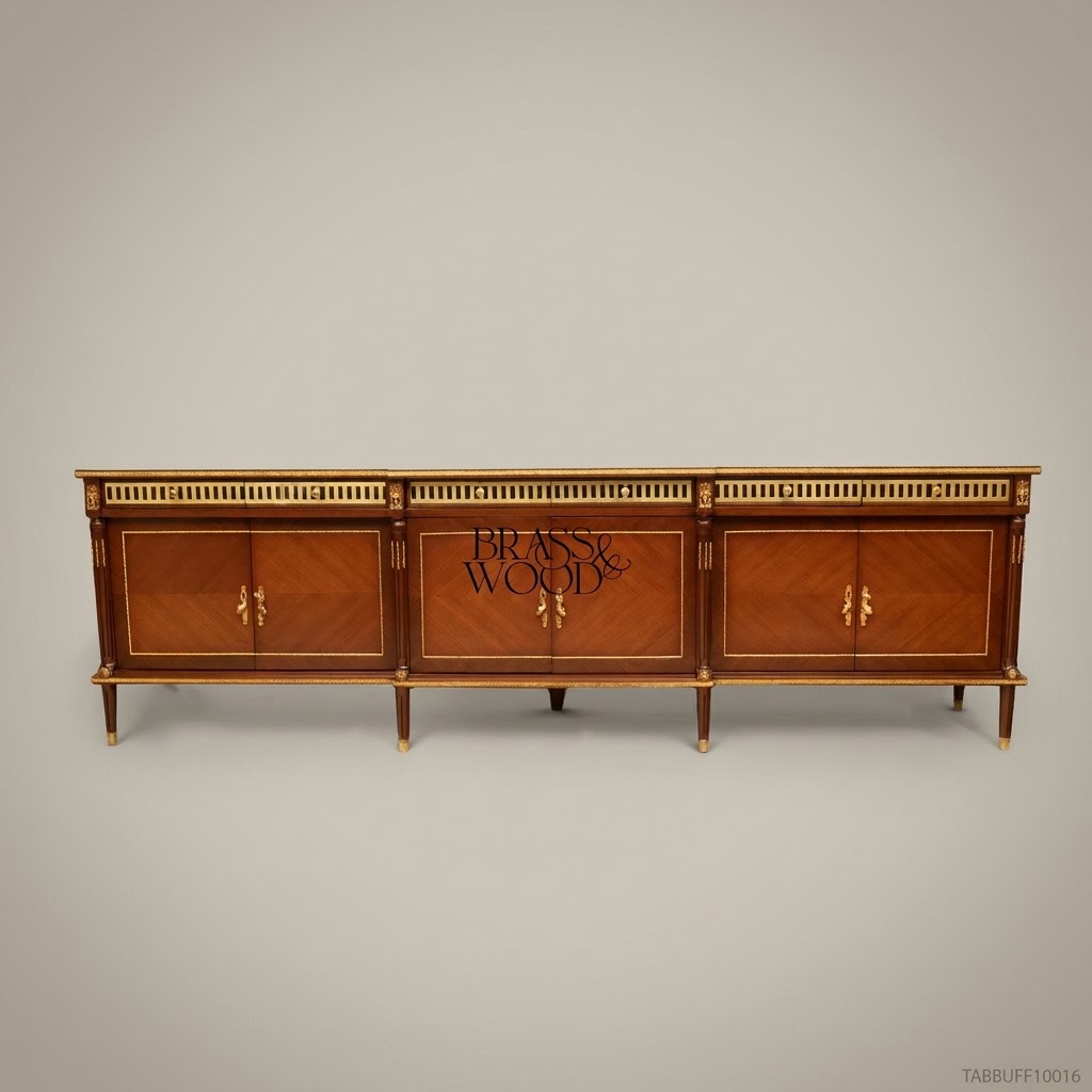 Brass & Wood Louis XVI Marquetry Buffet with Brass Gallery & Ormolu Mounts