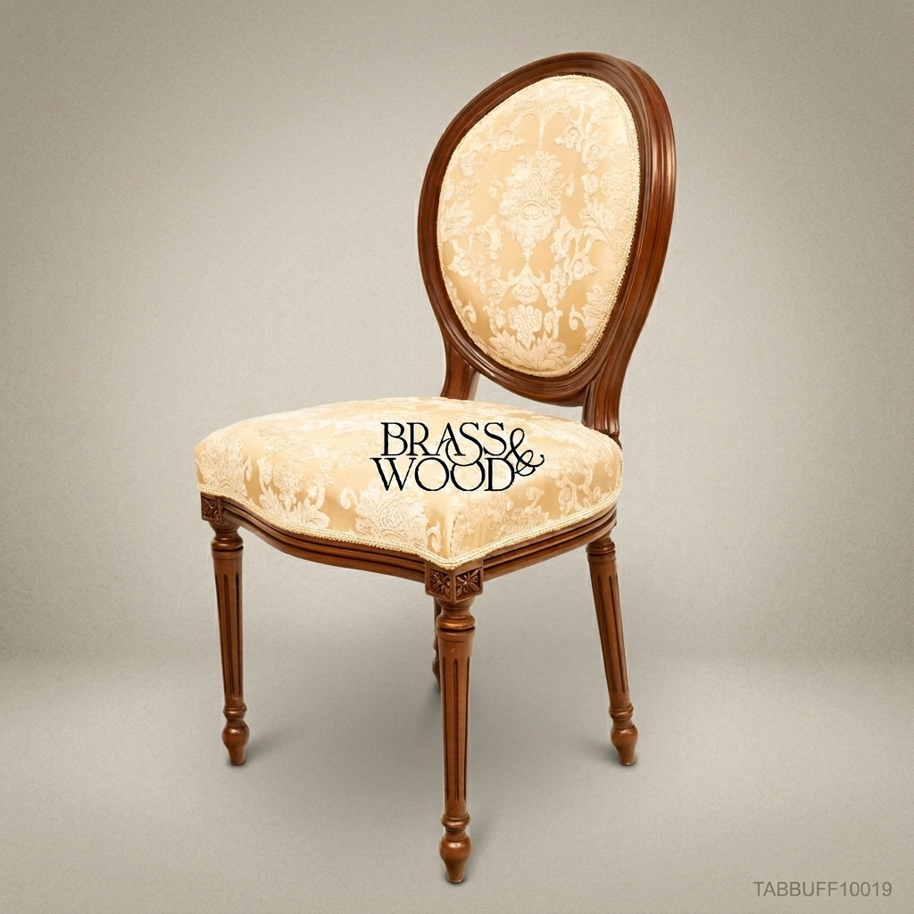 Louis XVI Medallion Back Dining Chair in Solid Wood with Champagne Damask Upholstery (Without Arms)