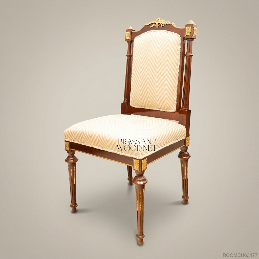 Empire Style Solid Wood Dining Chair with Gilt Bronze Mounts & Chevron Upholstery (Without Arms)
