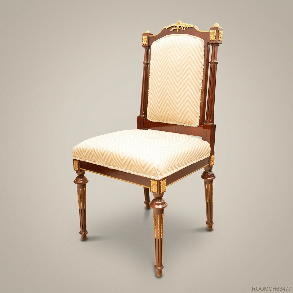 Empire Style Solid Wood Dining Chair with Gilt Bronze Mounts & Chevron Upholstery (Without Arms)