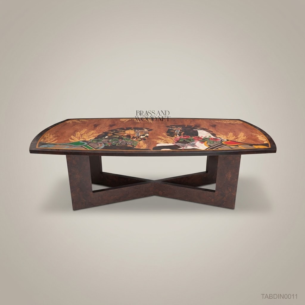 Brass & Wood Marquetry Art Dining Table