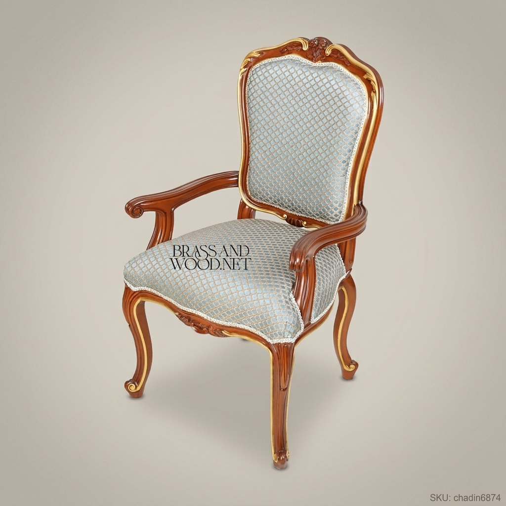 Louis XV Dining Chair Gold Leaf & Damask Upholstery (With Arms)