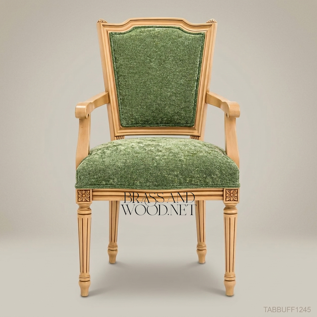 Louis XVI Solid Wood Armchair with Green Chenille Upholstery & Fluted Legs (With Arms)