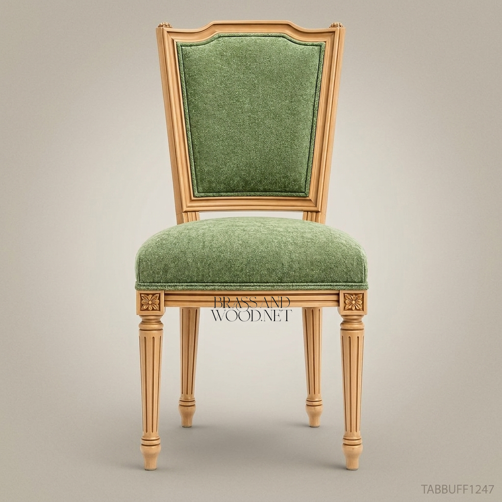 Louis XVI Hand-Carved Solid Wood Dining Chair with Green Upholstery (Without Arms)