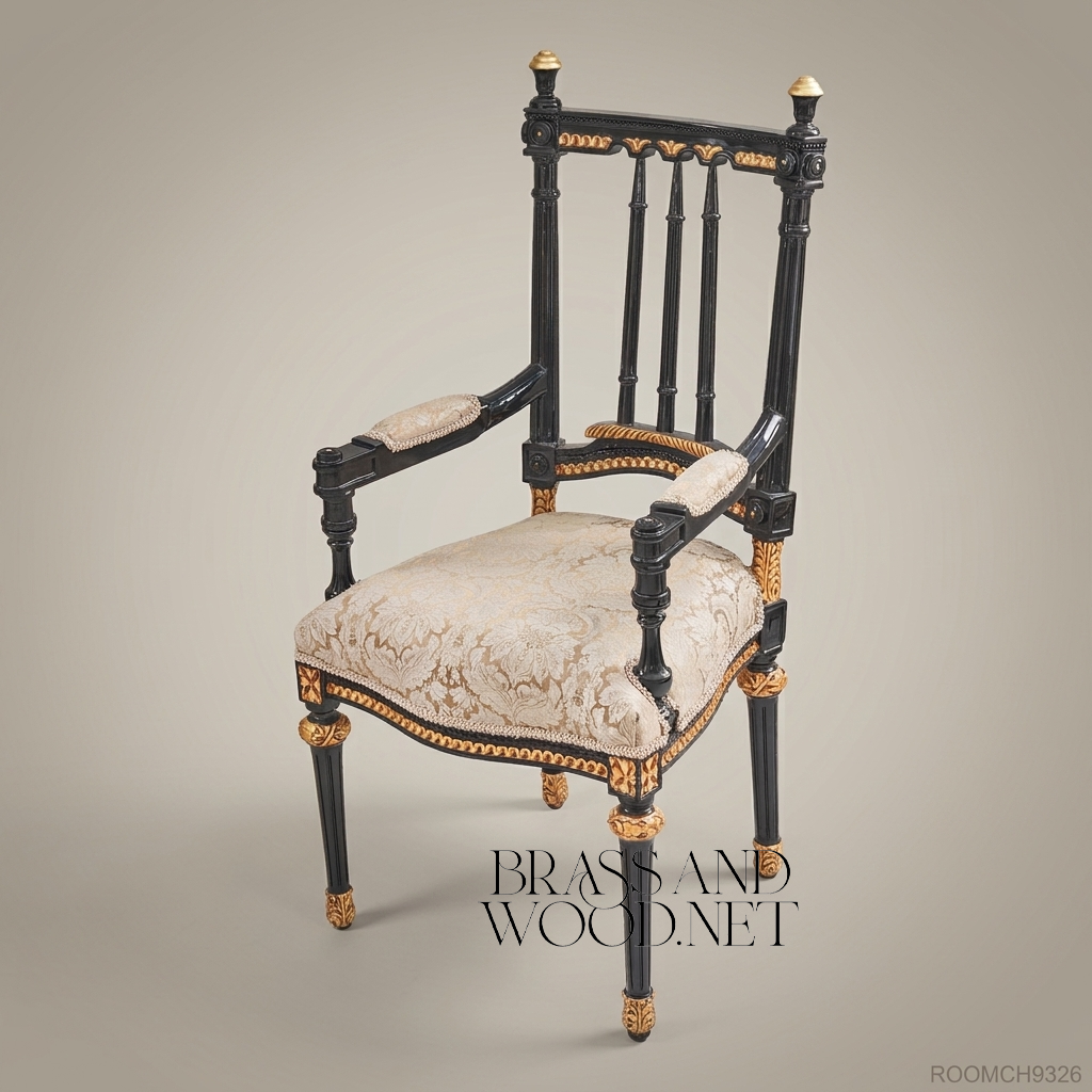 Neoclassical Ebonised Solid Wood Armchair with Gold Gilt Accents & Damask Seat (With Arms)