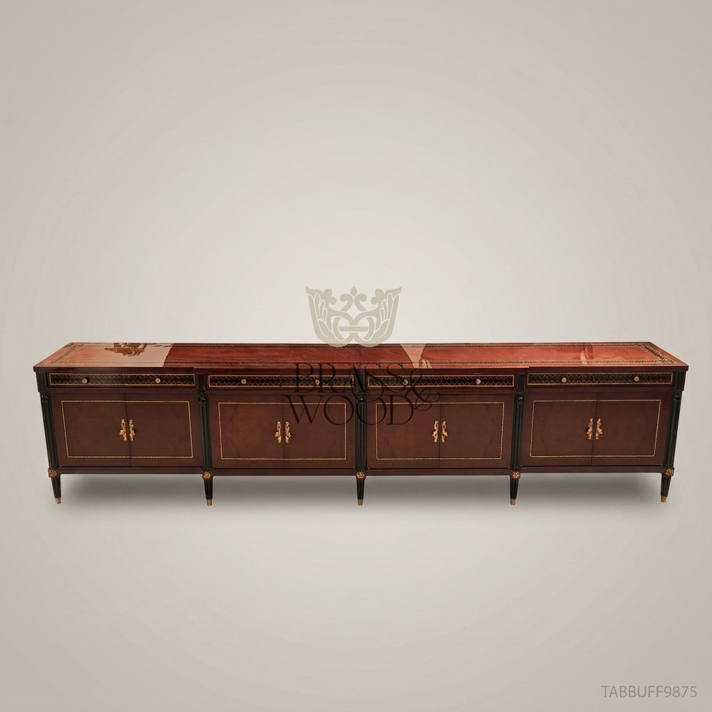 Brass & Wood Neoclassical Inlaid Wood Buffet