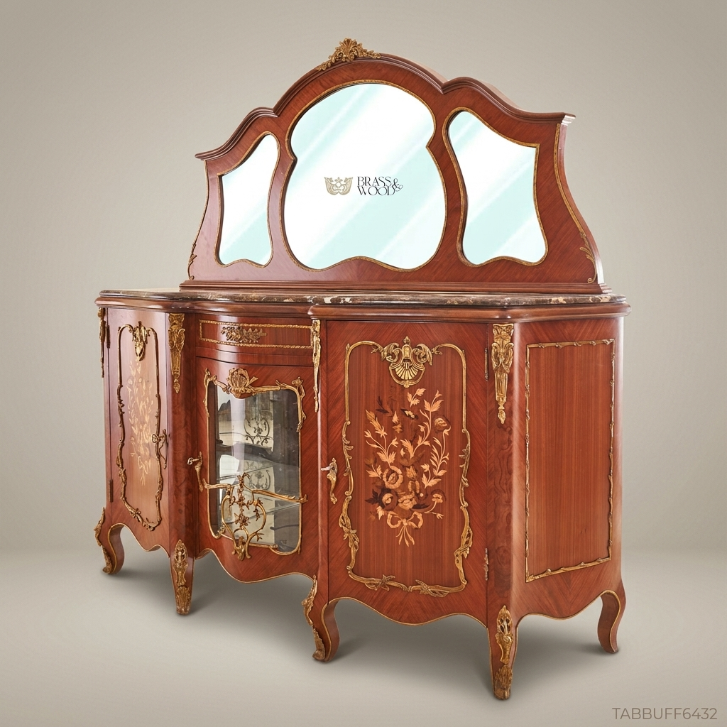 Brass & Wood Louis XV Marquetry Marble-Top Buffet with Mirror