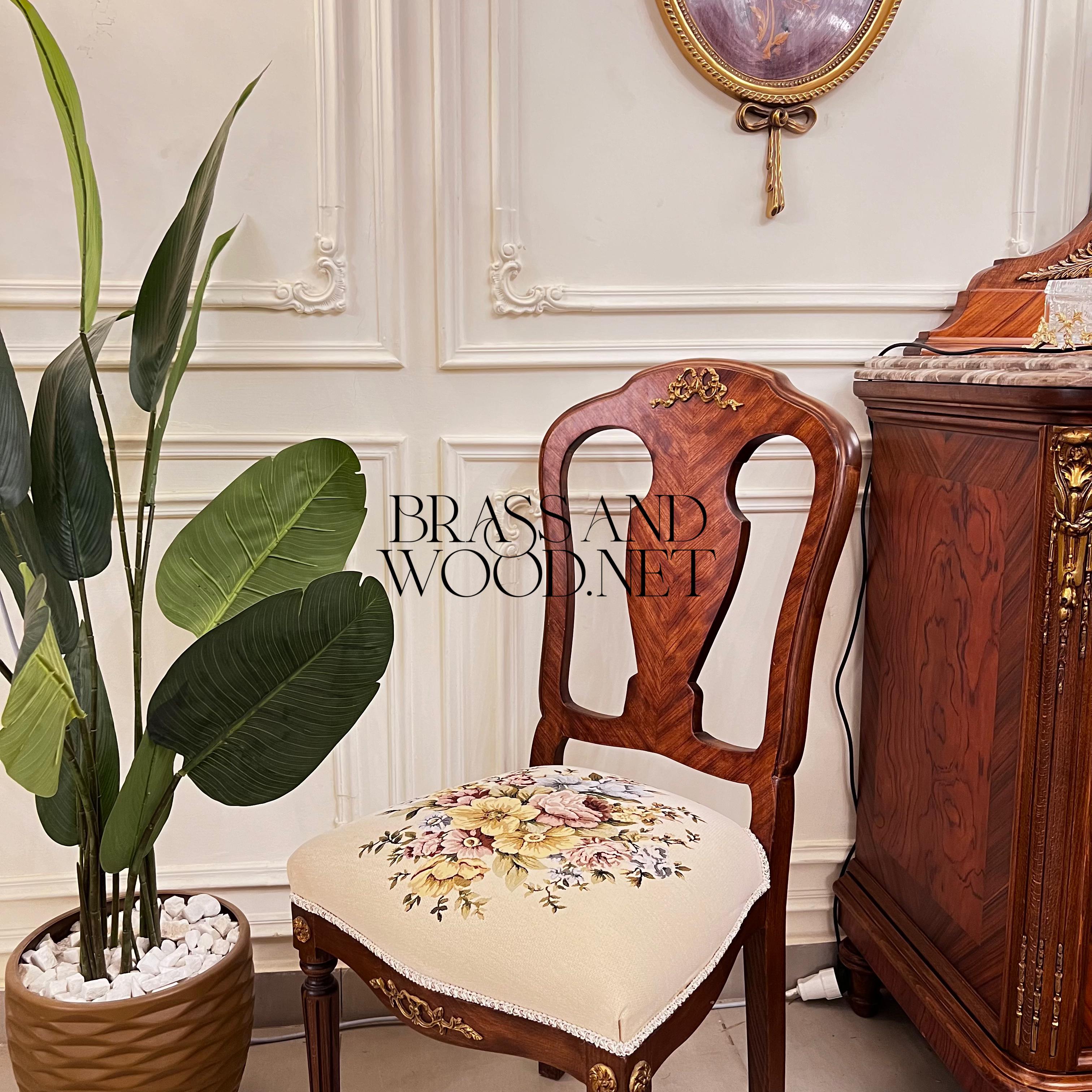 Louis XVI Hand-Carved Solid Wood Dining Chair with Gold Gilt & Velvet Upholstery (Without Arms)