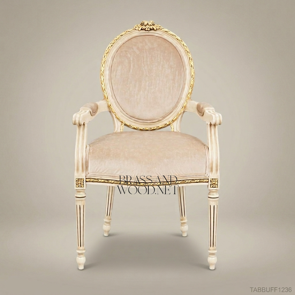 Louis XVI Ivory & Gold Carved Solid Wood Medallion Armchair (With Arms)