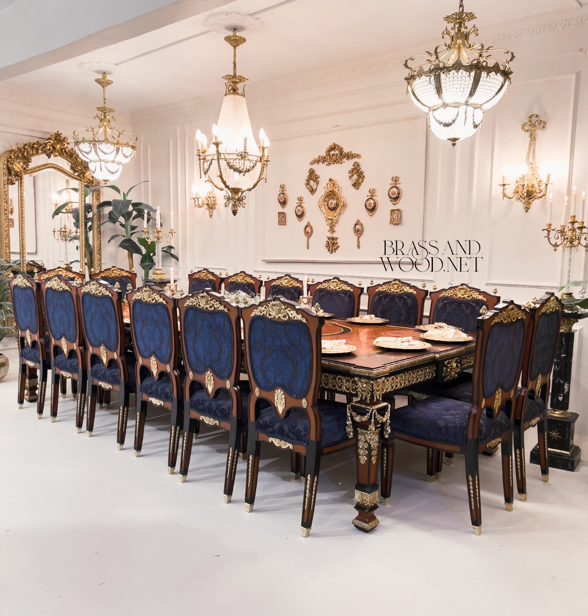 Empire Gilt Dining Suite with Marquetry Buffet & Damask Chairs