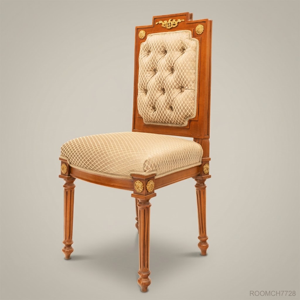 Louis XVI Solid Wood Dining Chair with Gilt Brass Mounts & Button-Tufted Upholstery (Without Arms)