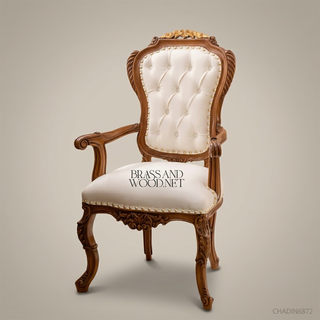 Brass & Wood Rococo Hand-Carved Solid Wood Armchair with Gold-Leaf Crest & Ivory Upholstery (With Arms)