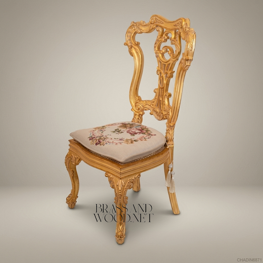 Rococo Hand-Carved Gilt Solid Wood Dining Chair with Floral Gobelin Seat (Without Arms)