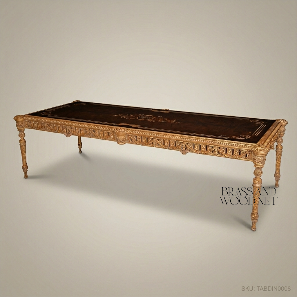 Brass & Wood Neoclassical Gilded Marquetry Dining Table