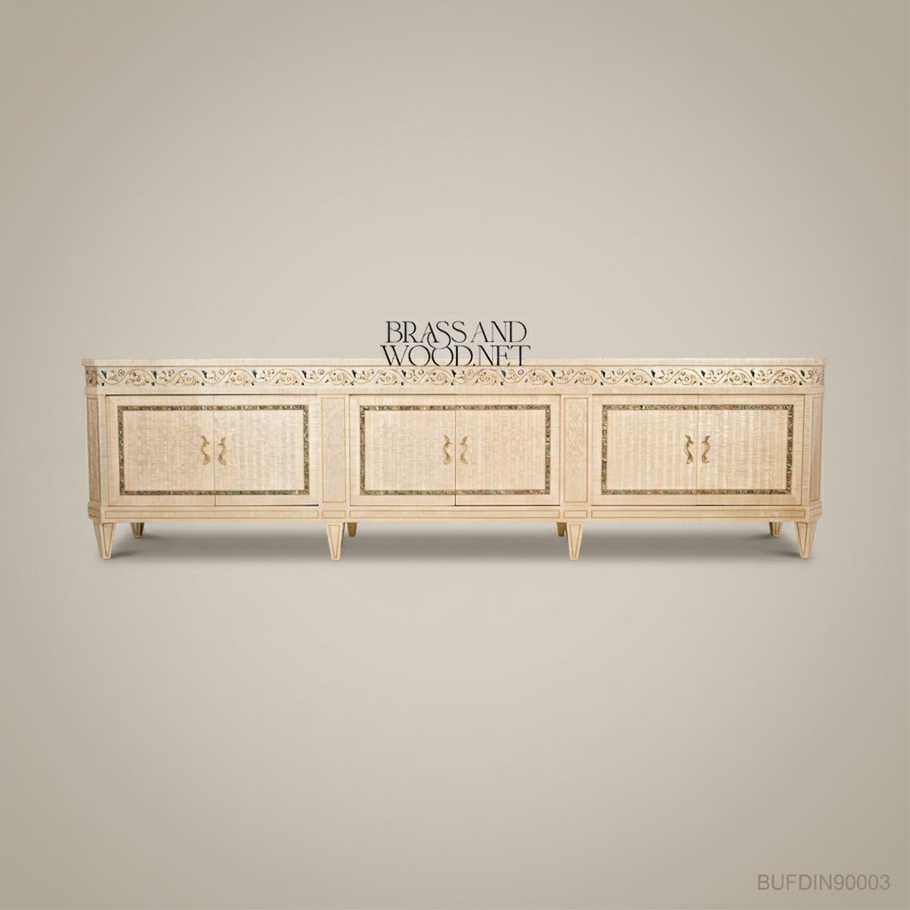 Brass & Wood Neoclassical Inlaid Buffet with Mother of Pearl Panels