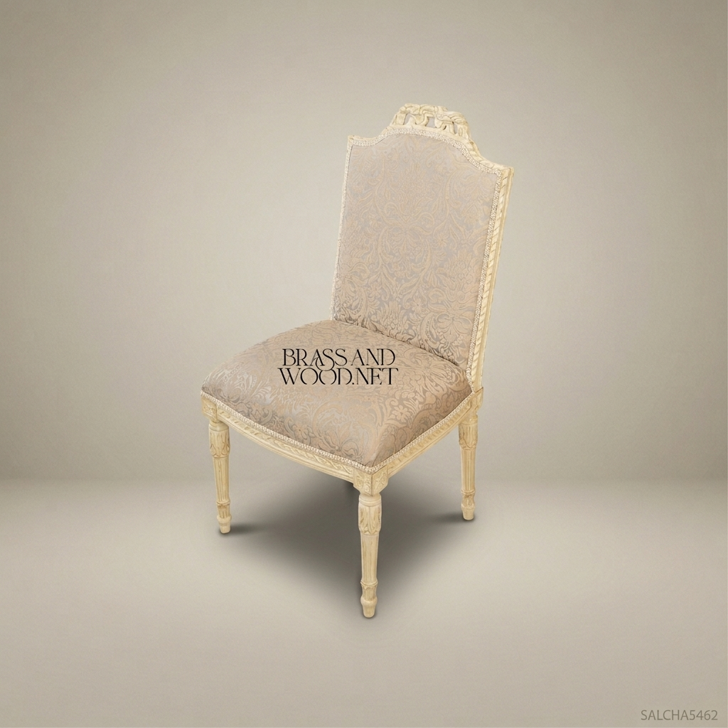 Louis XVI Ivory-Lacquered Solid Wood Dining Chair with Damask Upholstery (Without Arms)