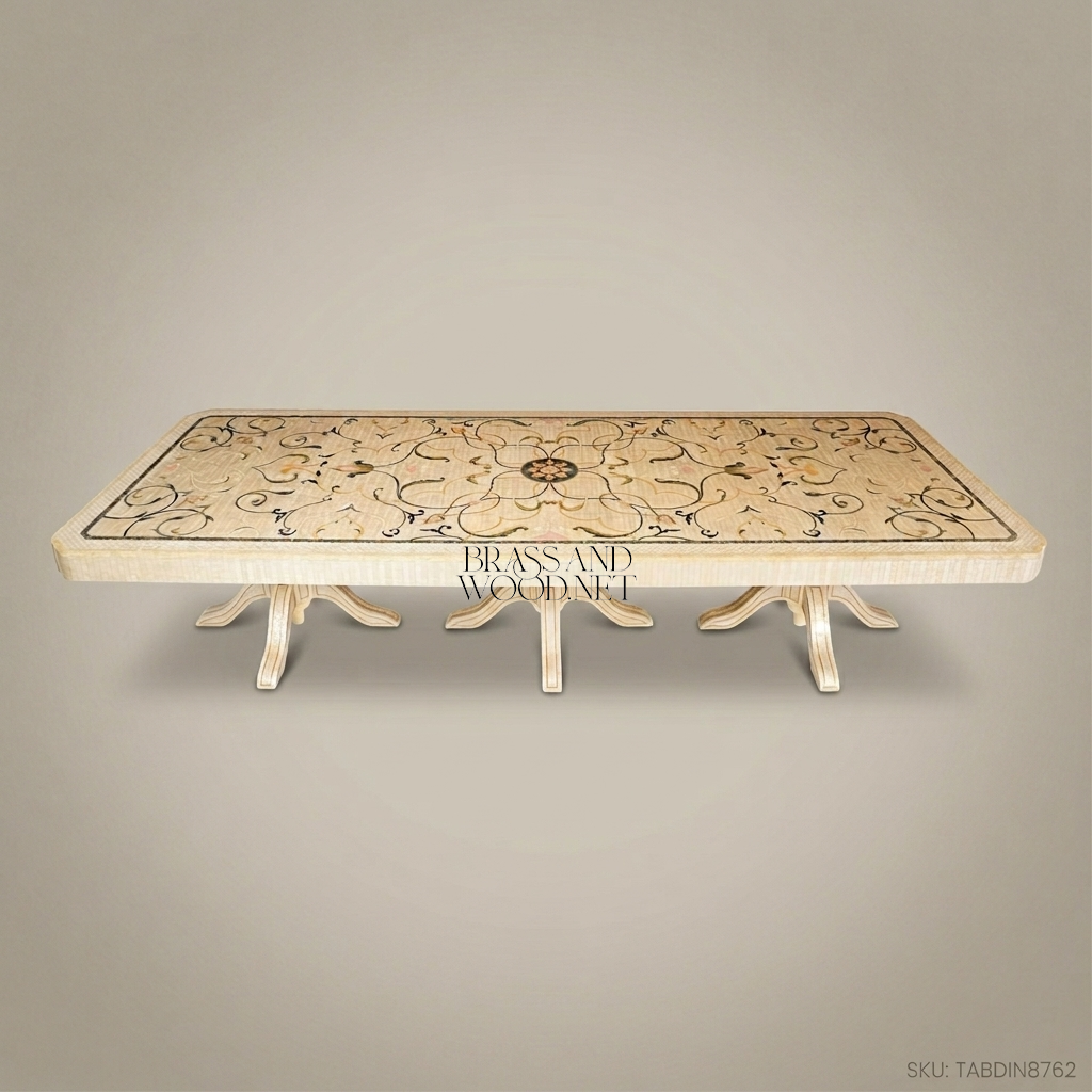 Brass & Wood Neoclassical Marquetry Inlay Rectangular Dining Table