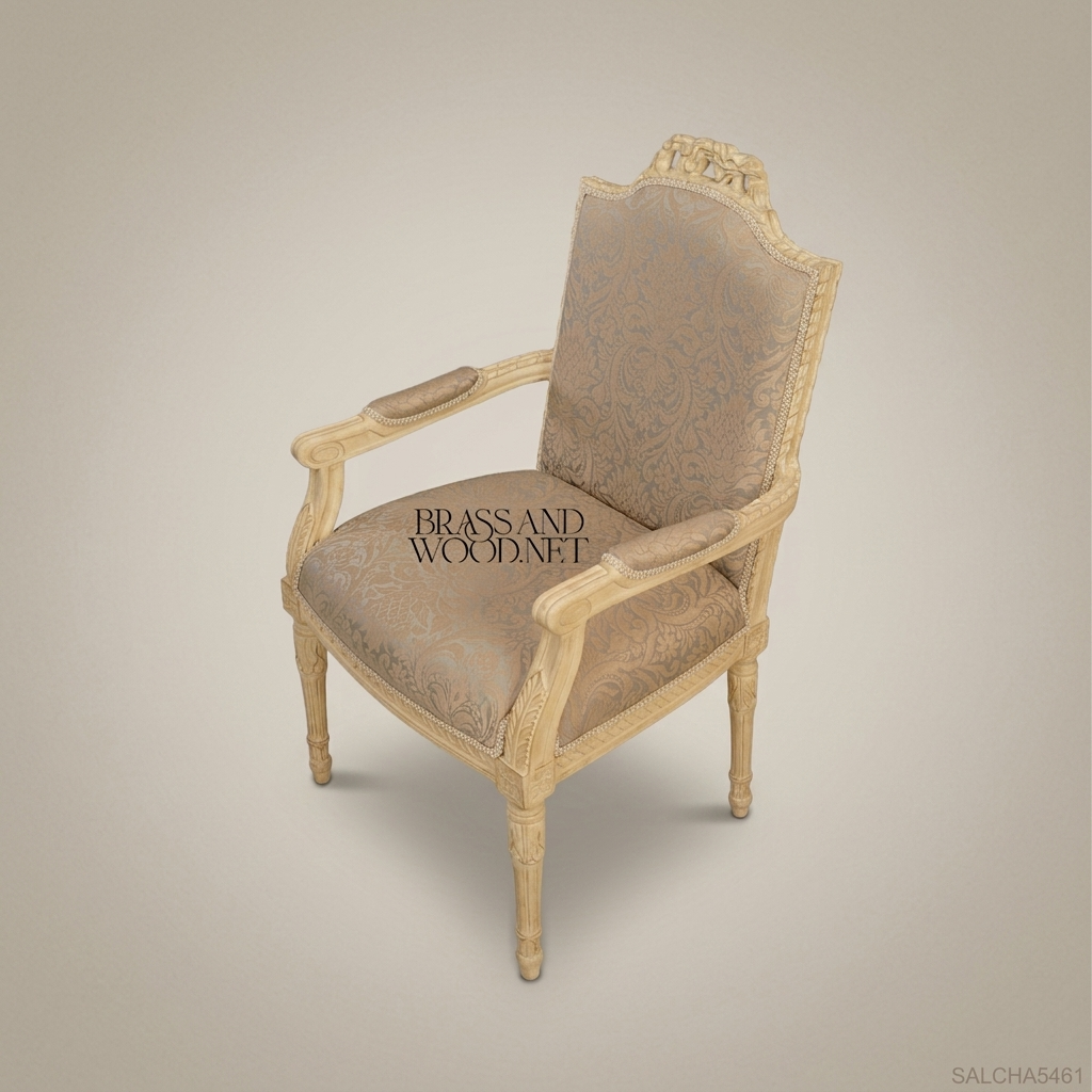 Louis XVI Carved Solid Wood Armchair with Damask Upholstery – Antique White (With Arms)