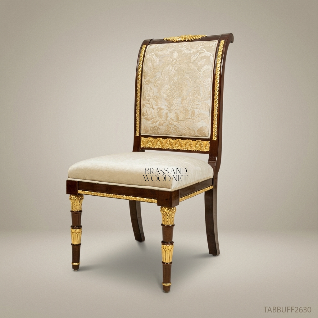 Brass & Wood Empire Dining Chair – Dark Wood, Gilt Mounts & Ivory Damask Upholstery (Without Arms)