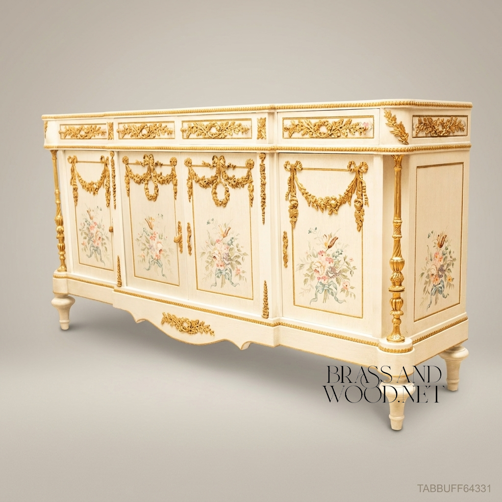 Brass & Wood Louis XVI Hand-Painted Floral Buffet