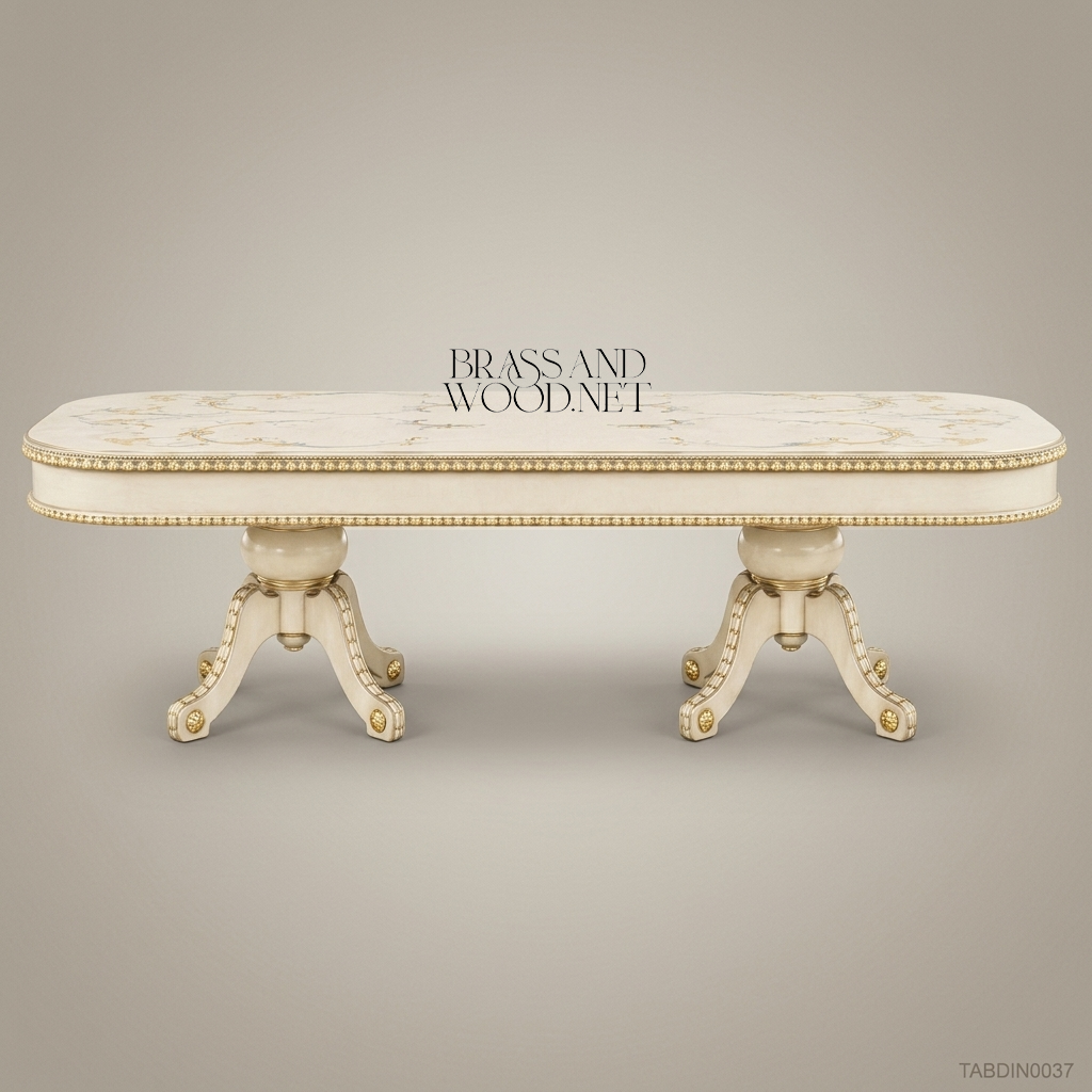 Brass & Wood Neoclassical Ivory & Gold Pedestal Dining Table