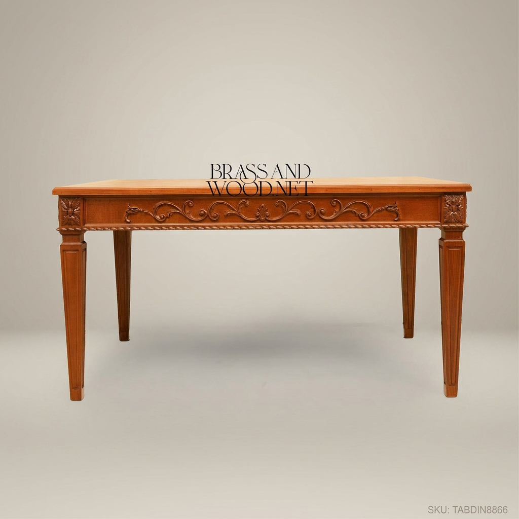 Brass & Wood Neoclassical Carved Wood Dining Table
